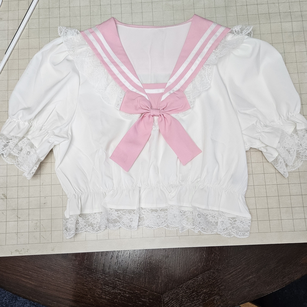 ROMWE White Crop Sailor Top with Pink Collar & Bow